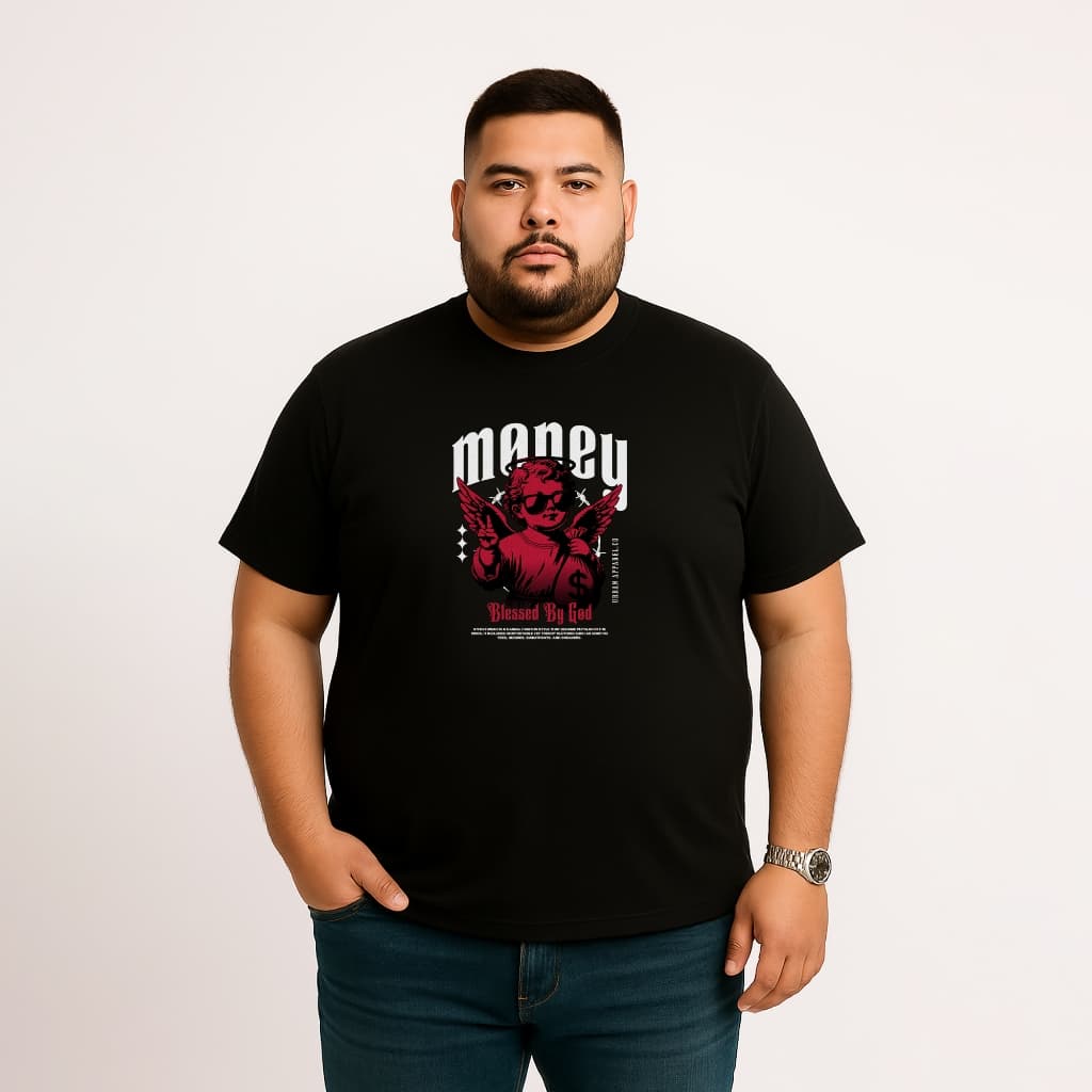 CAMISETA PLUS SIZE MASCULINA ALGODÃO ANJO OCULOS DINHEIRO VERMELHO ARTE