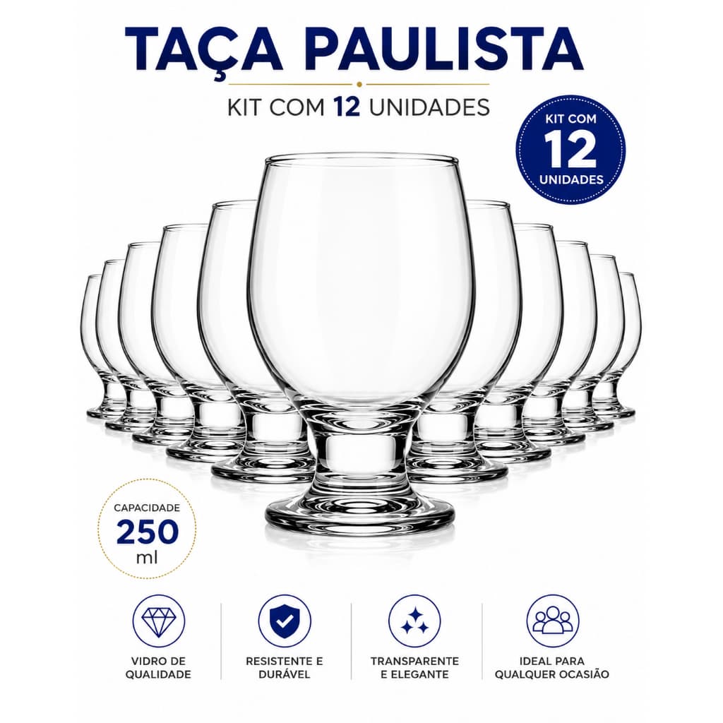 Jogo 12 Taça 250ml Transparente Paulista Água Vinho Suco-Nadir