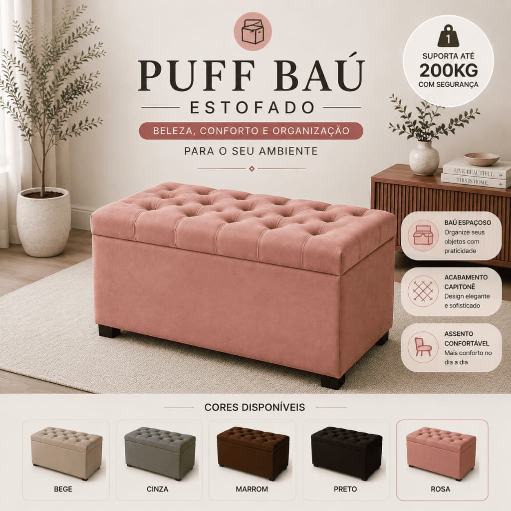 PUFF BAÚ ESTOFADO 90CM CAPITONÊ SUEDE ORGANIZADOR PORTA OBJETOS QUARTO ROUPAS SALA CLOSET RESISTENTE