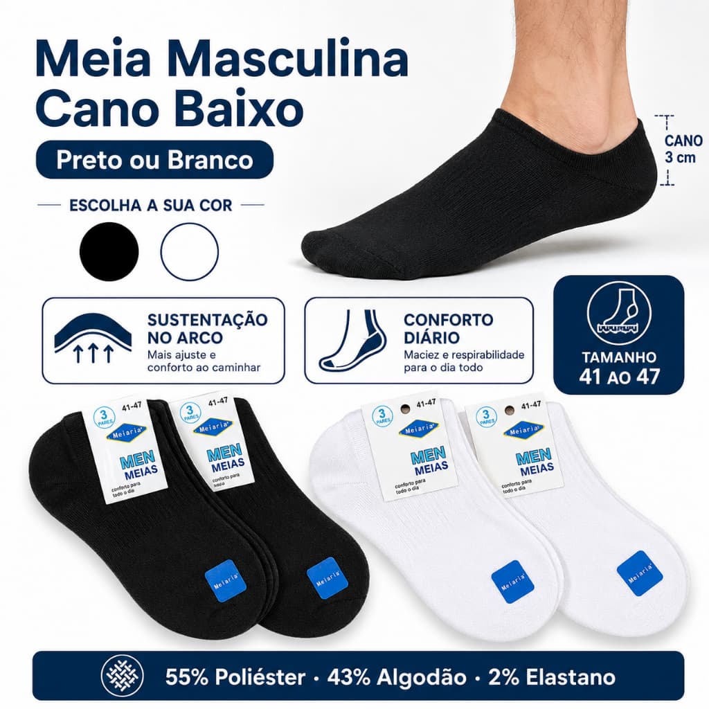 Meia Masculina Cano Baixo 3 cm com Algodão Respirável Confortável para Tênis Tamanho 41 ao 47
