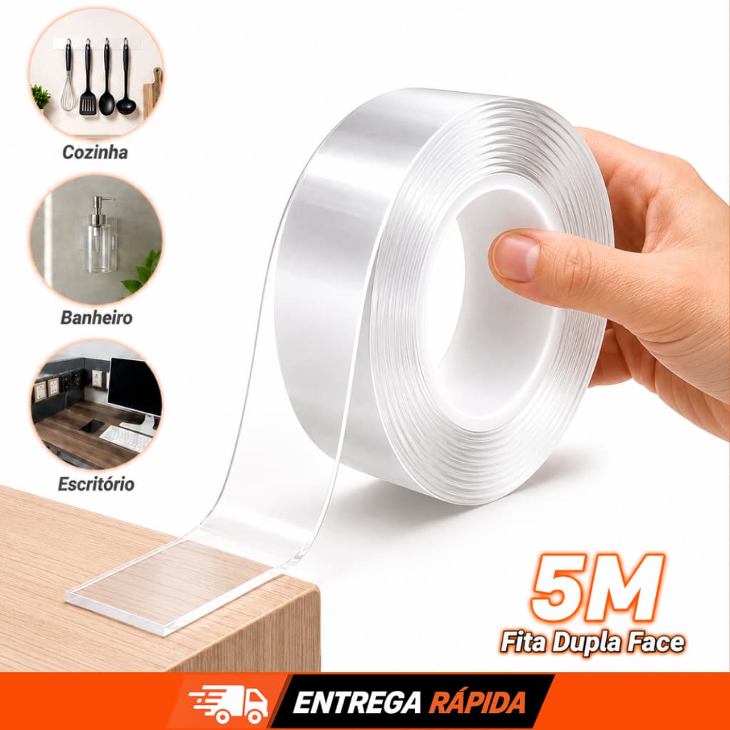 Kit 1/2 Fita Dupla Face 3/5 Metros Silicone Extra Forte Transparente Adesiva Cola Parede Móvel Porta Fita Reutilizável