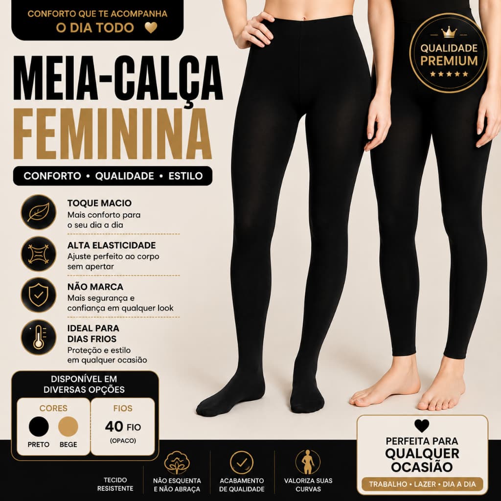 Meia Calça Térmica Peluciada Cintura Alta Modeladora Cós Duplo Inverno com pe e sem pe