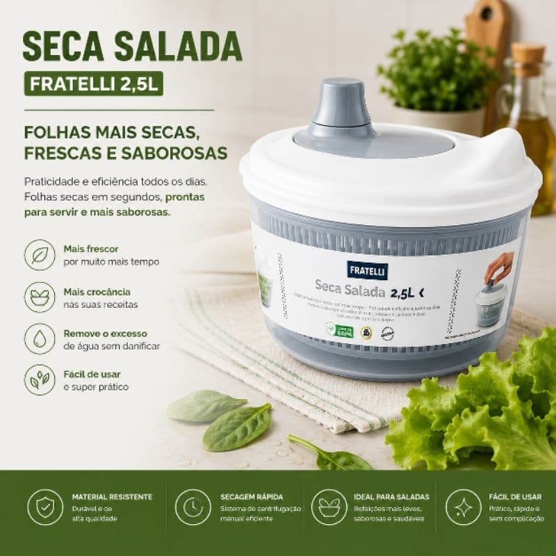 Seca Salada 2,5L Fratelli Centrífuga de Folhas Manual Escorredor de Alface Verduras Legumes BPA Free Cinza