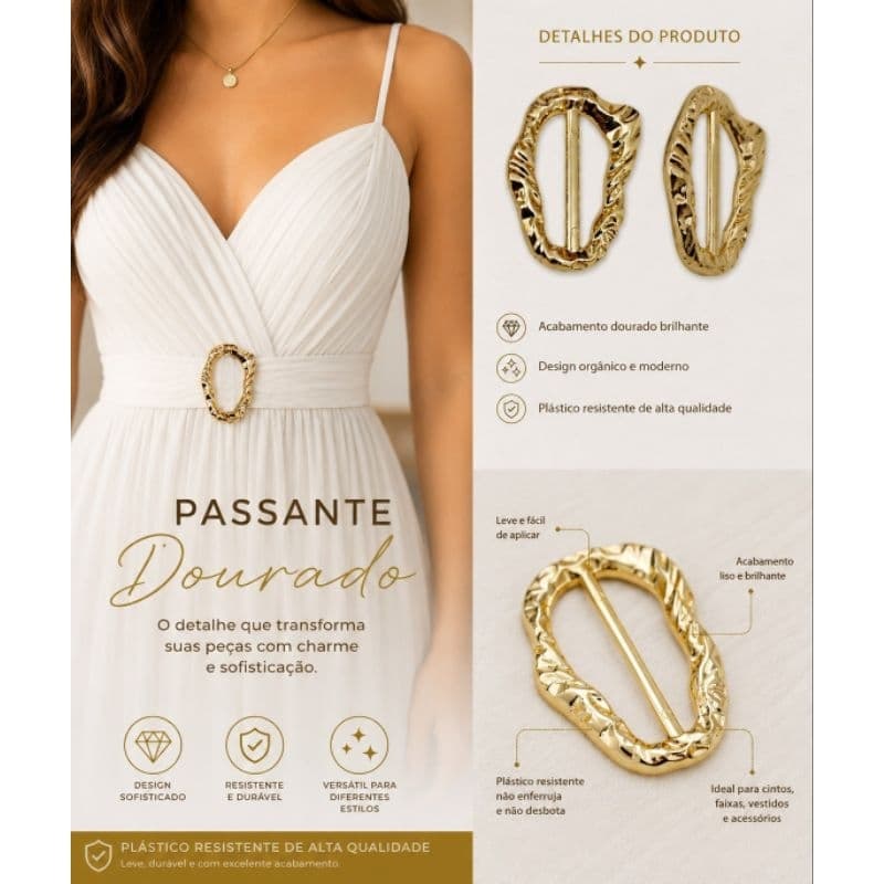 2x Cinto Passante Faixa e Vestido | Plástico ABS Resistente com Acabamento Dourado DYE