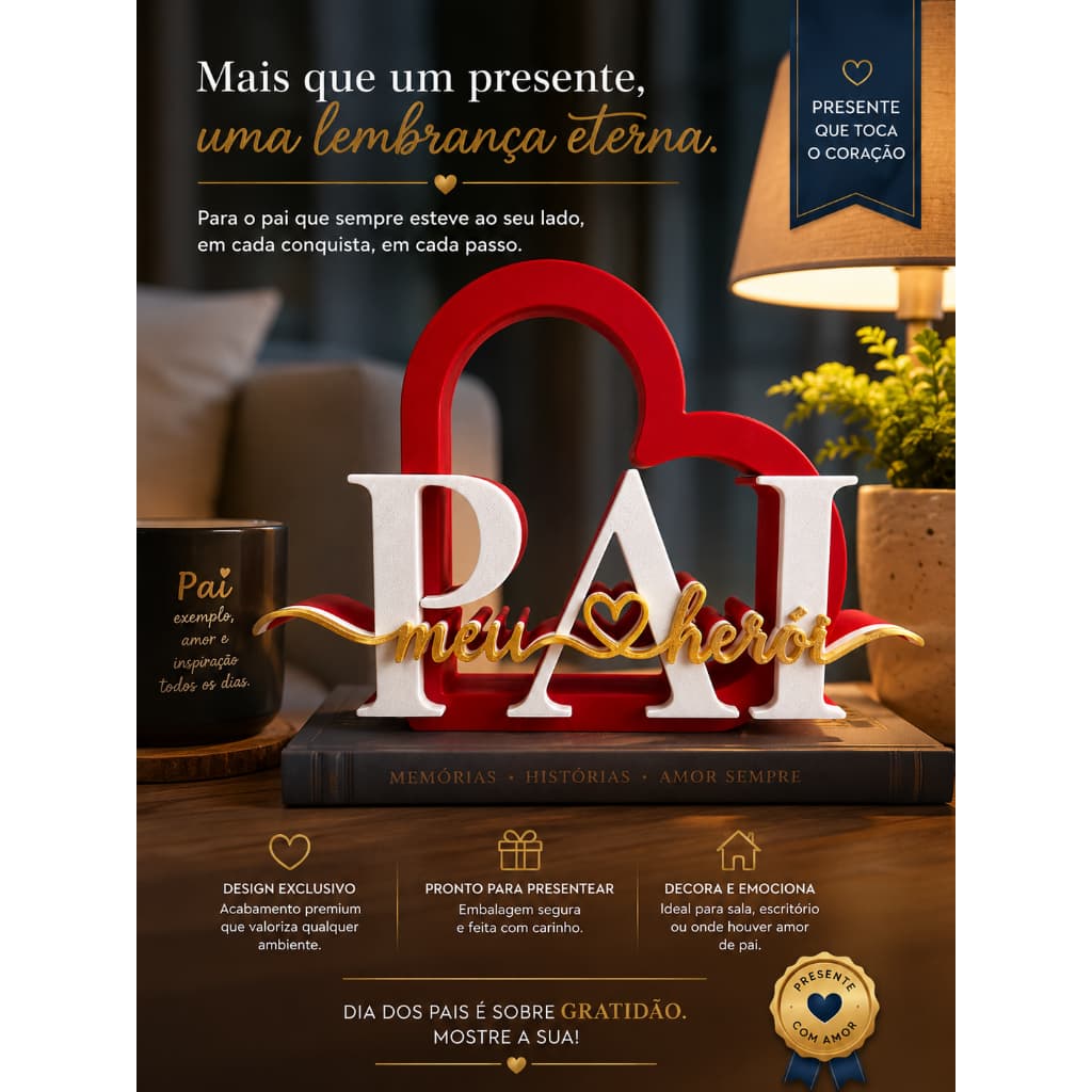 Enfeite Decorativo Dia dos Pais Personalizado "PAI Meu Herói" em 3D – Presente Especial e Exclusivo
