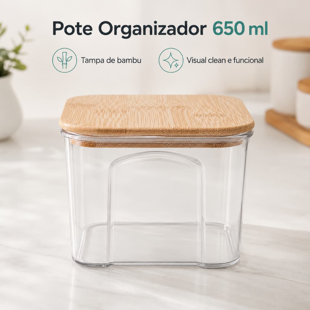 Kit 2 Potes Herméticos Oikos 650ml Quadrados com Tampa de Bambu Transparentes
