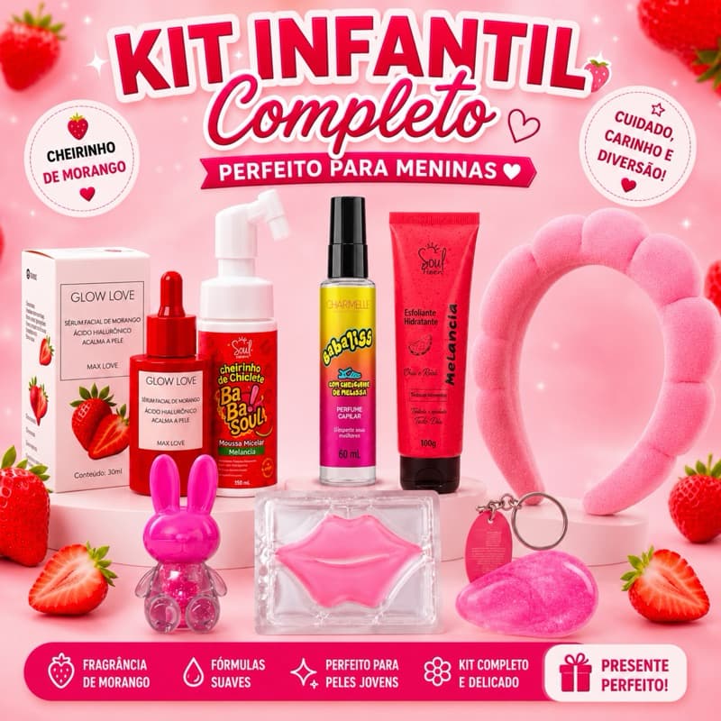 Kit Beleza Infantil Menina Presente Rotina de Skincare 7 Itens Limpeza Facial Melancia + Acessórios