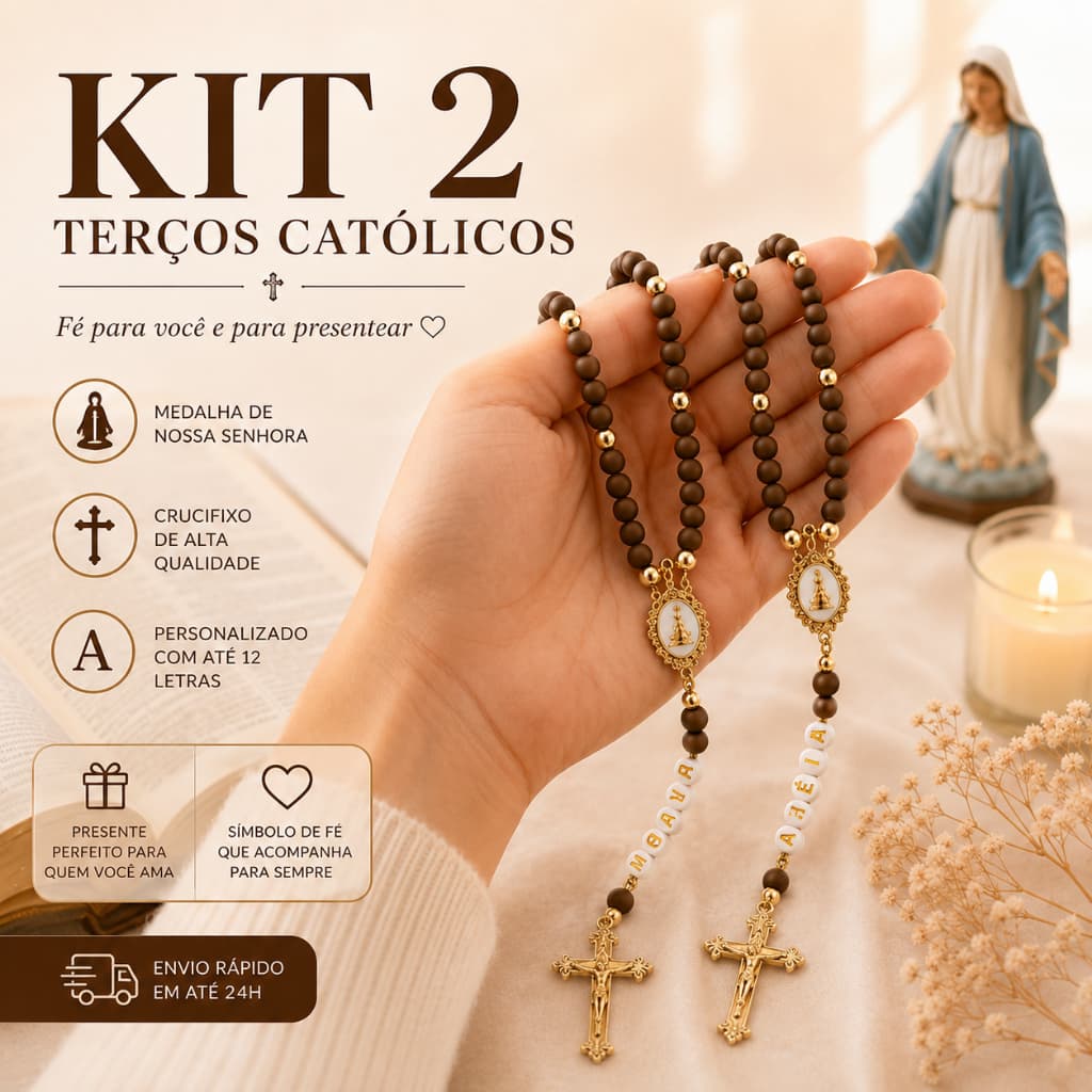 Kit 2 Terço Personalizado com Nome Católico Nossa Senhora Aparecida Presente Religioso