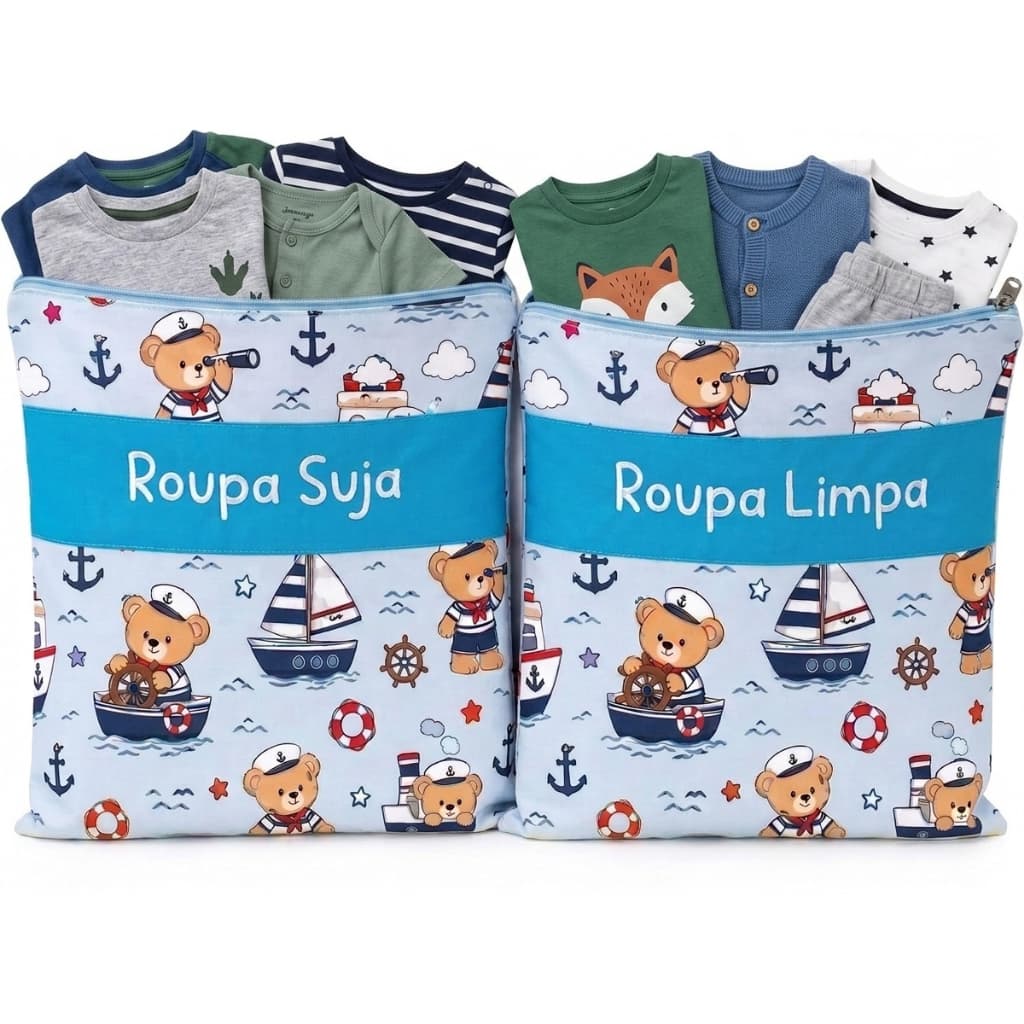 Kit 2 Saquinhos Roupa Limpa e Suja Impermeável 34x28 Creche Escola Maternidade Ursinho Marinheiro