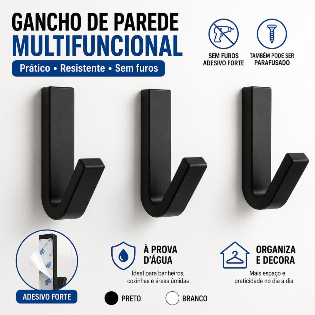 Ganchos Adesivos para Parede - Suporte Resistente para Toalhas de Banheiro e Cozinha Acompanha Cola 3M