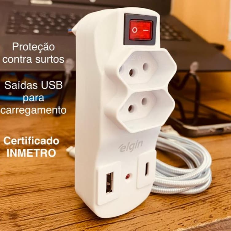 Protetor de Linha 2 Tomadas 2 USB Padrão NBR 10A Elgin