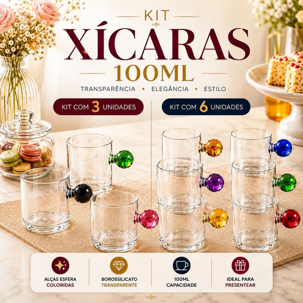 Jogo de Xícaras com Alça Colorida 100ml Caneca Esfera Bolinha Transparente Vidro Borossilicato Café!