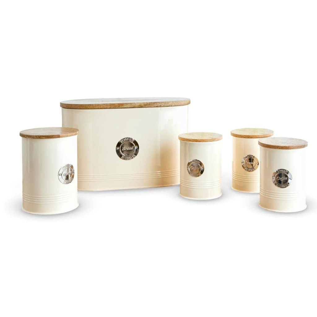 Jogo 5 Latas Porta Mantimentos Inox Tampa Bambu Hermético Creme Organizador De Cozinha Porta Pão Biscoito Café