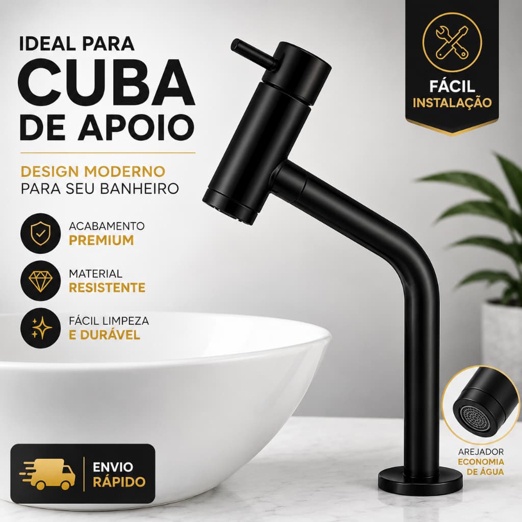 Torneira Alta Para Cuba De Apoio Banheiro Lavatório Bancada Preta ABS Premium Bica Alta Luxo