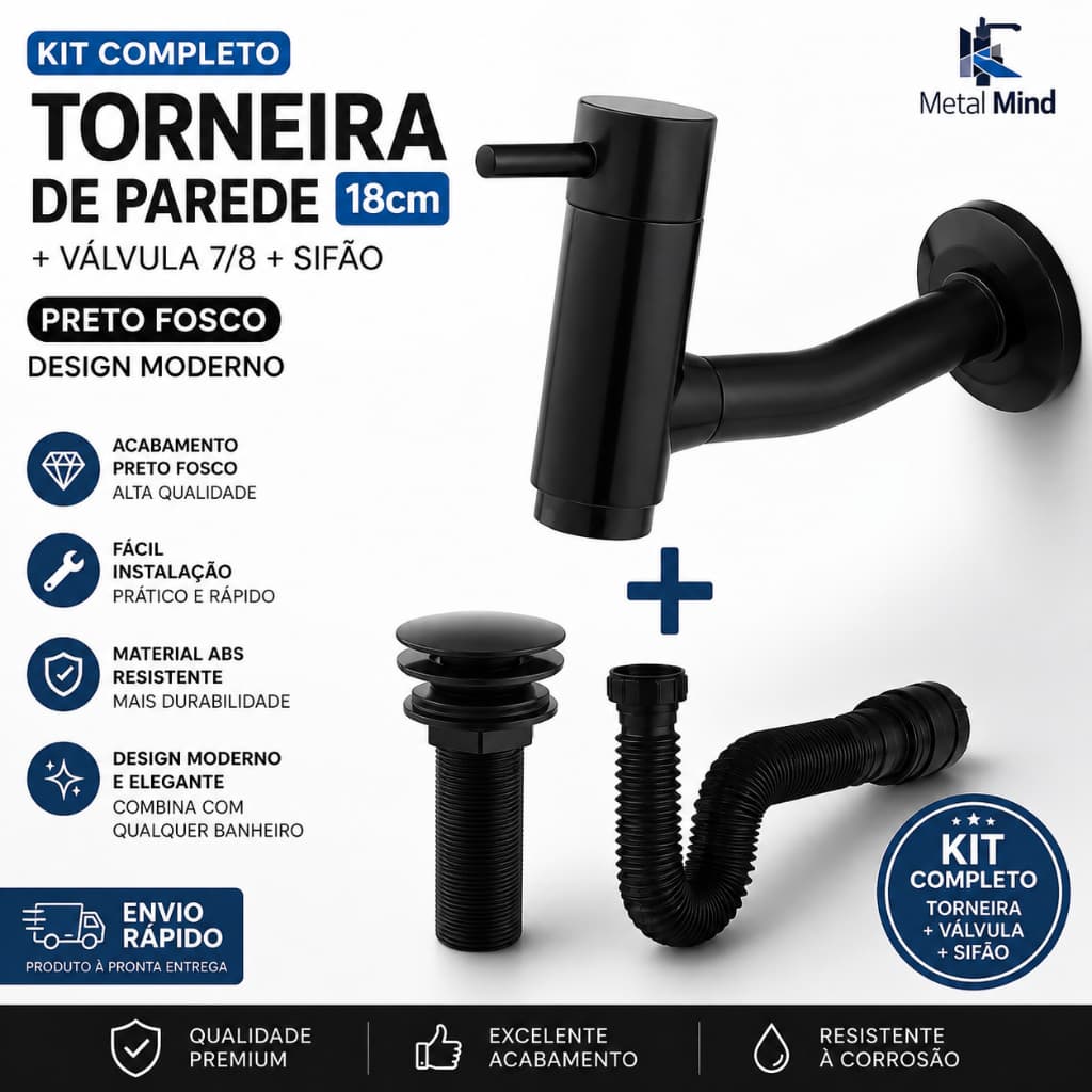 Torneira Banheiro Parede 18cm Preta Fosca Kit Completo Com Válvula 7/8 Sifão ABS Lavatório Premium
