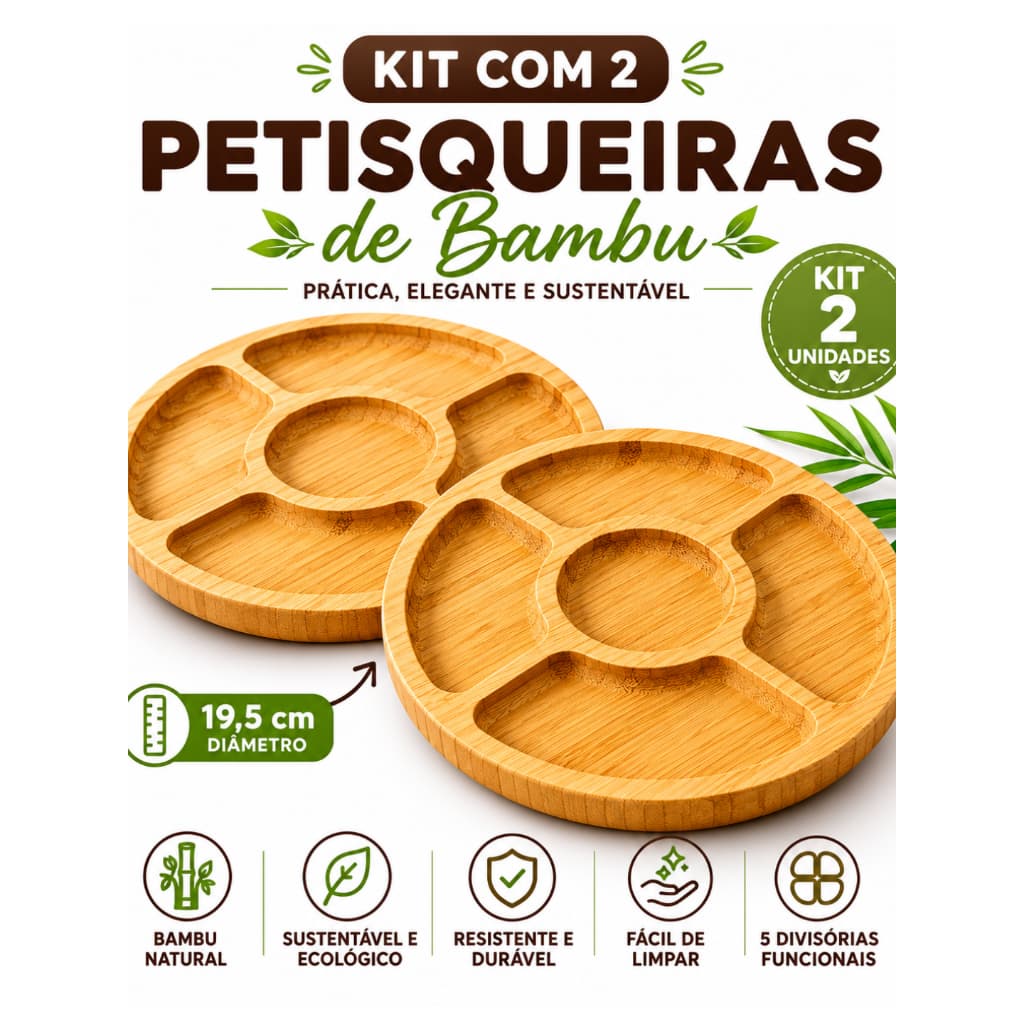 Kit 2 Petisqueiras em Bambu 5 divisórias - Higiênica, Prática, Sustentável