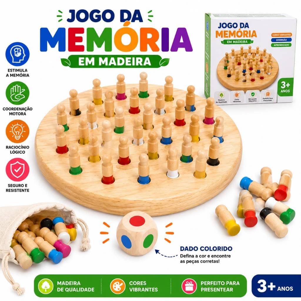 Tabuleiro Jogo de Memória Madeira Educativo Xadrez Aprendizagem Atenção Treino Quebra Cabeça - CHESS