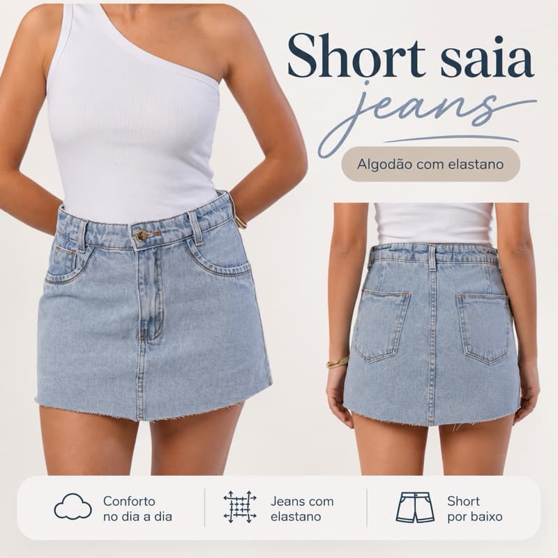 Short Saia Jeans saia na frente e atrás cintura alta lavagem clara