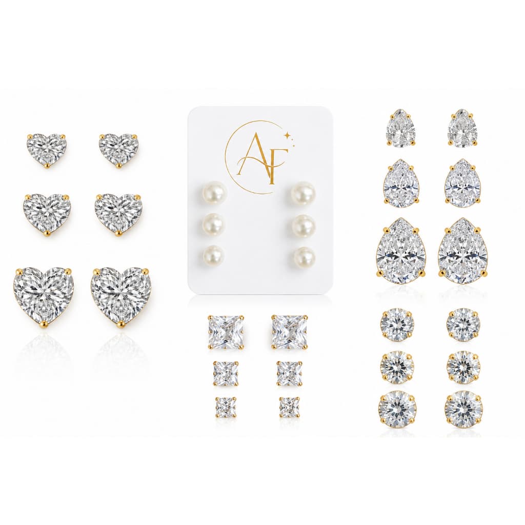 Kit Trio de Brincos Femininos Folheados – 3 Pares Luxo (Pérola/Coração/Gota/Quadrado)