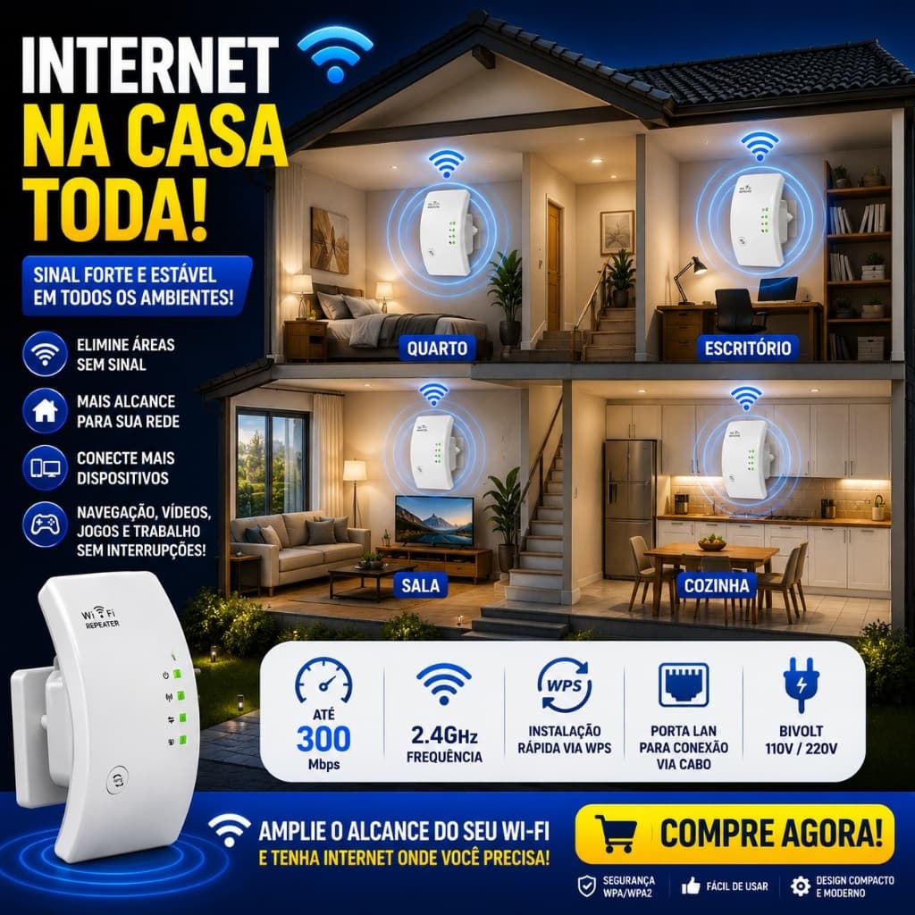 Repetidor de Sinal WiFi 300Mbps Bivolt 2.4GHz WPS Porta LAN Amplificador de Internet DHJ DR4