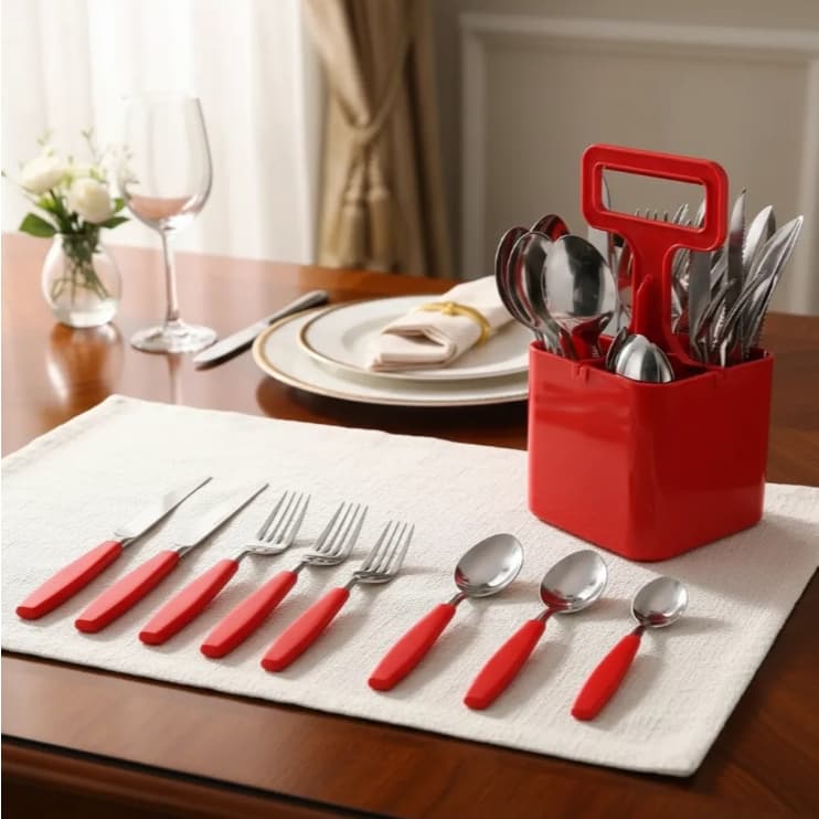Jogo Talheres 25 Peças Verona Preto Vermelho Faqueiro Aço Inox Cozinha Mesa Refeição Elegante Durável