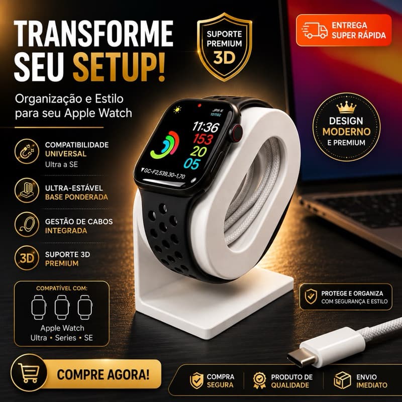 Suporte para Apple Watch em PLA Premium Organizador de Mesa Base Estável Branco Preto