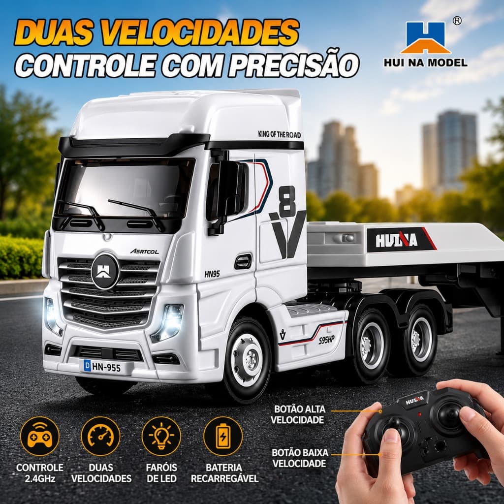 Caminhão RC HUI NA 1:24 Controle Remoto 2.4GHz Carreta 6 Rodas 2 Velocidades LED