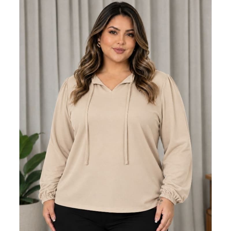 Camisa Blusa Duna Feminina Manga Longa Decote V Lastex Punho Moda Evangélica Trabalhista M ao GG