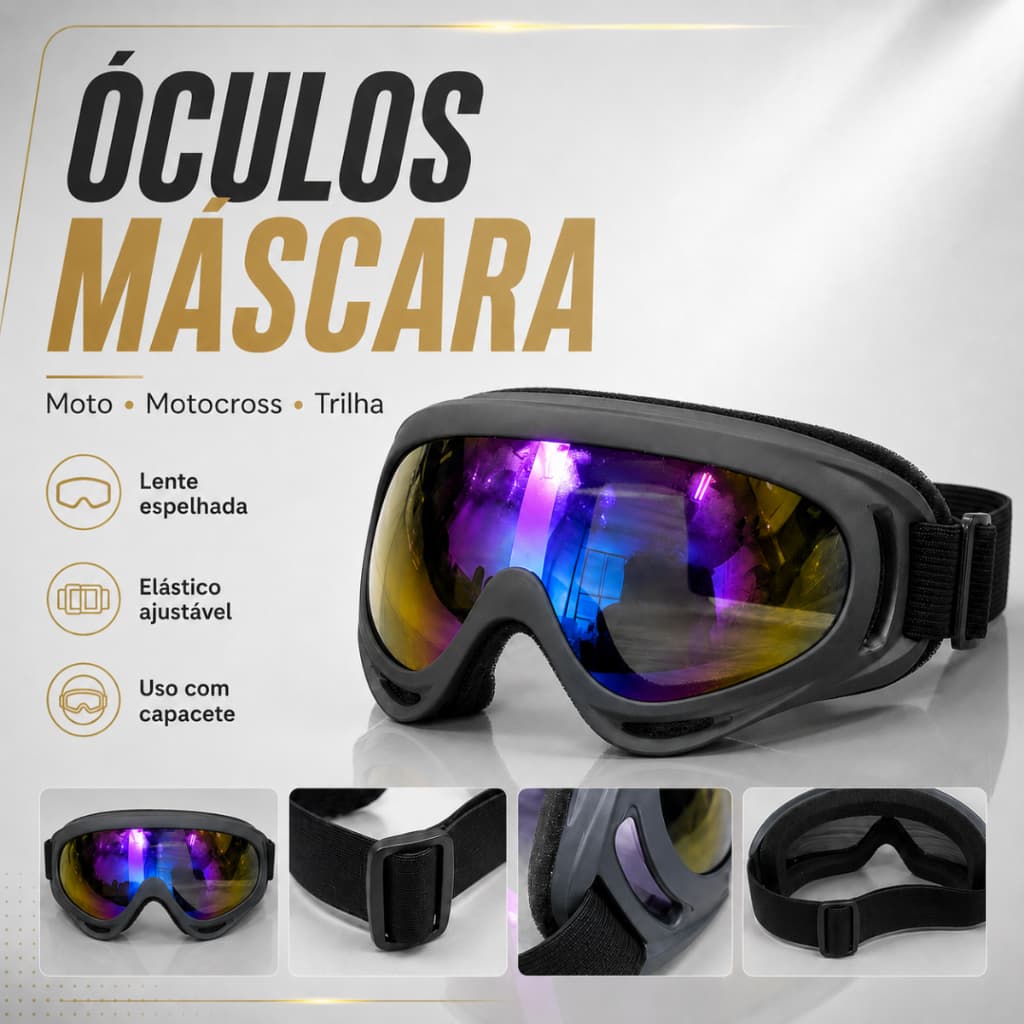 Óculos Máscara para Moto Motocross Trilha Lente Espelhada com Elástico Ajustável