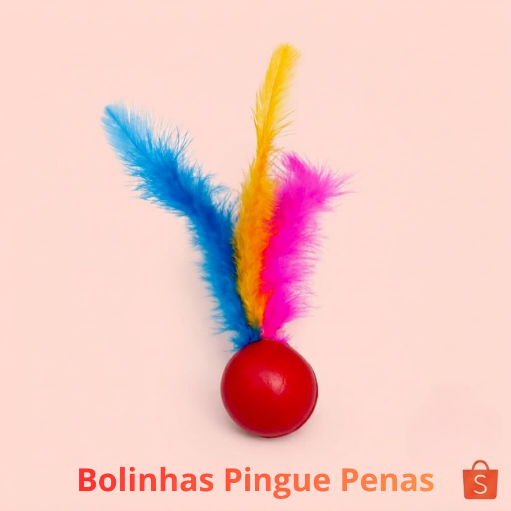 Brinquedo para Gato – Bolinha Pingue Pula com chocalho e Penas Coloridas-Kit antiTédioPet