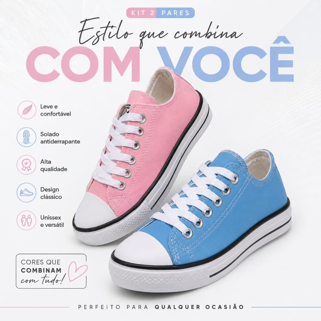 2 pares de tênis feminino All Pink e Blue Star Verse Clássico Rosa e Azul Couro Tradicional Promoção