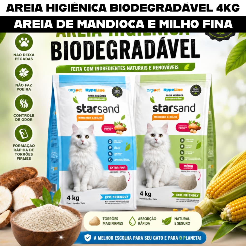 Areia Higiênica Biodegradável 2Kg a 4kg Mandioca e Milho Grão Fino Sem Poeira Para Gato 100% Natural