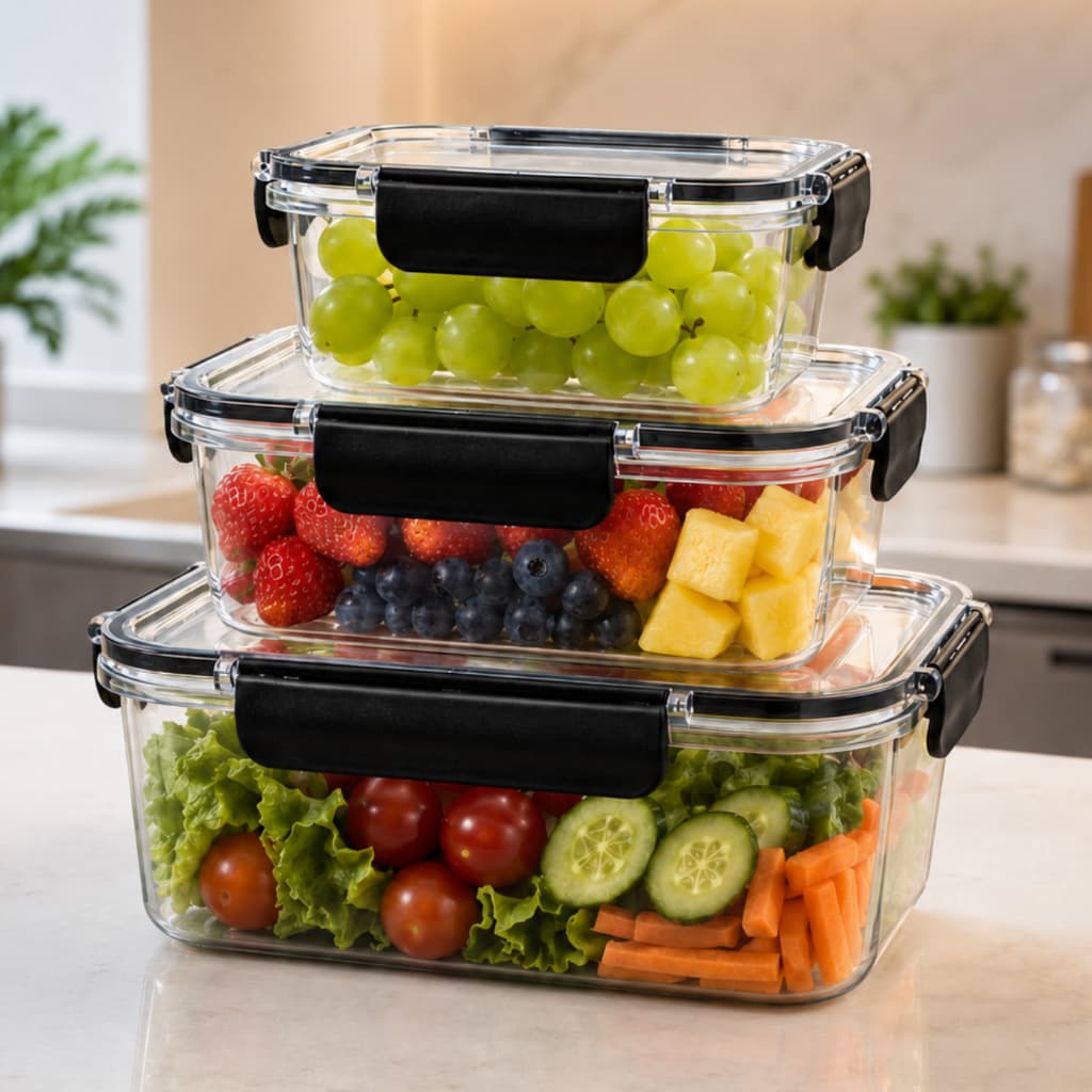 Conjunto 3 Organizadores Geladeira Herméticos 550ml 1,2 Litros 2,3 Litros Em Acrílico Cristal 4 Travas Empilháveis