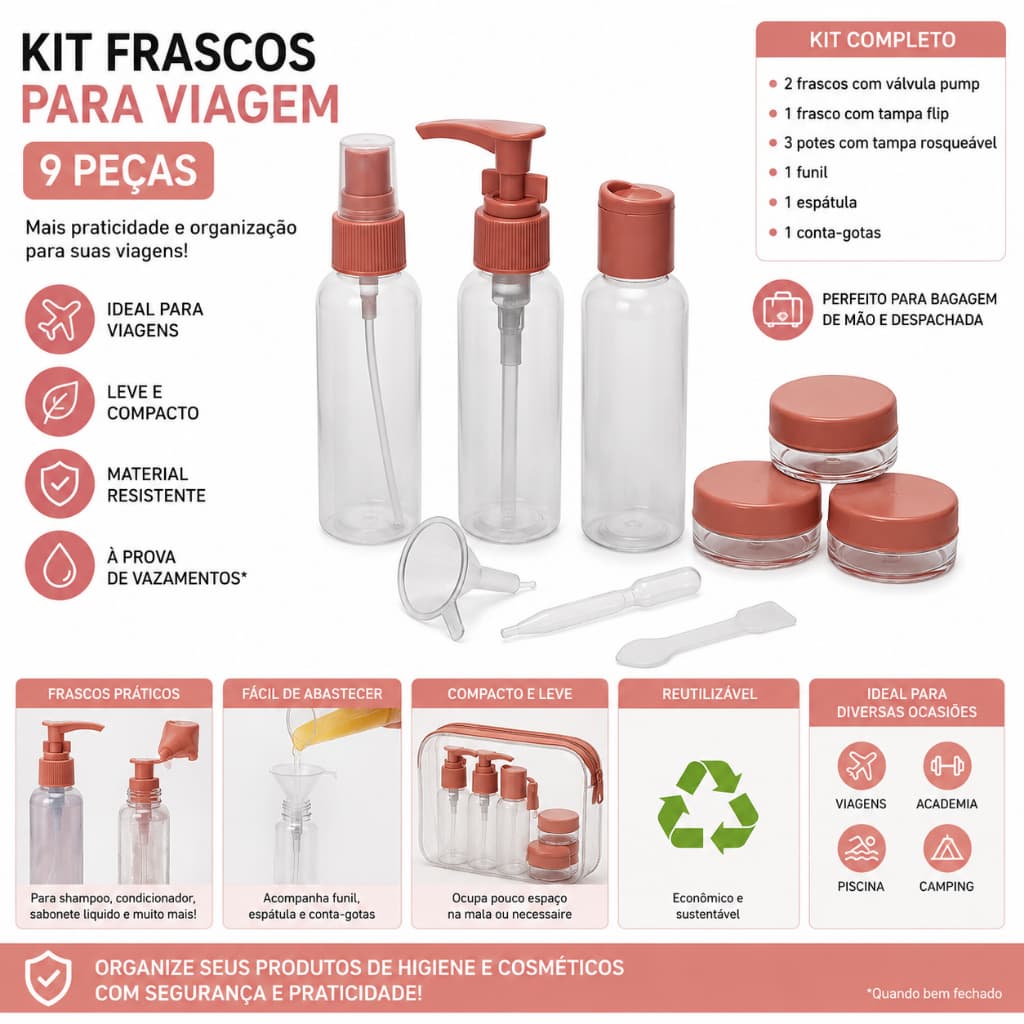 Kit Frascos para Viagem 9 Peças Porta Shampoo Condicionador Creme Cosméticos Necessaire Avião Reutilizável