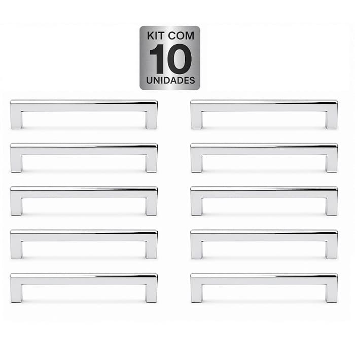 Kit 10 Puxadores Rezzo IL811 Inox Cromado Polido 96mm Alça Moveis Gavetas Armarios