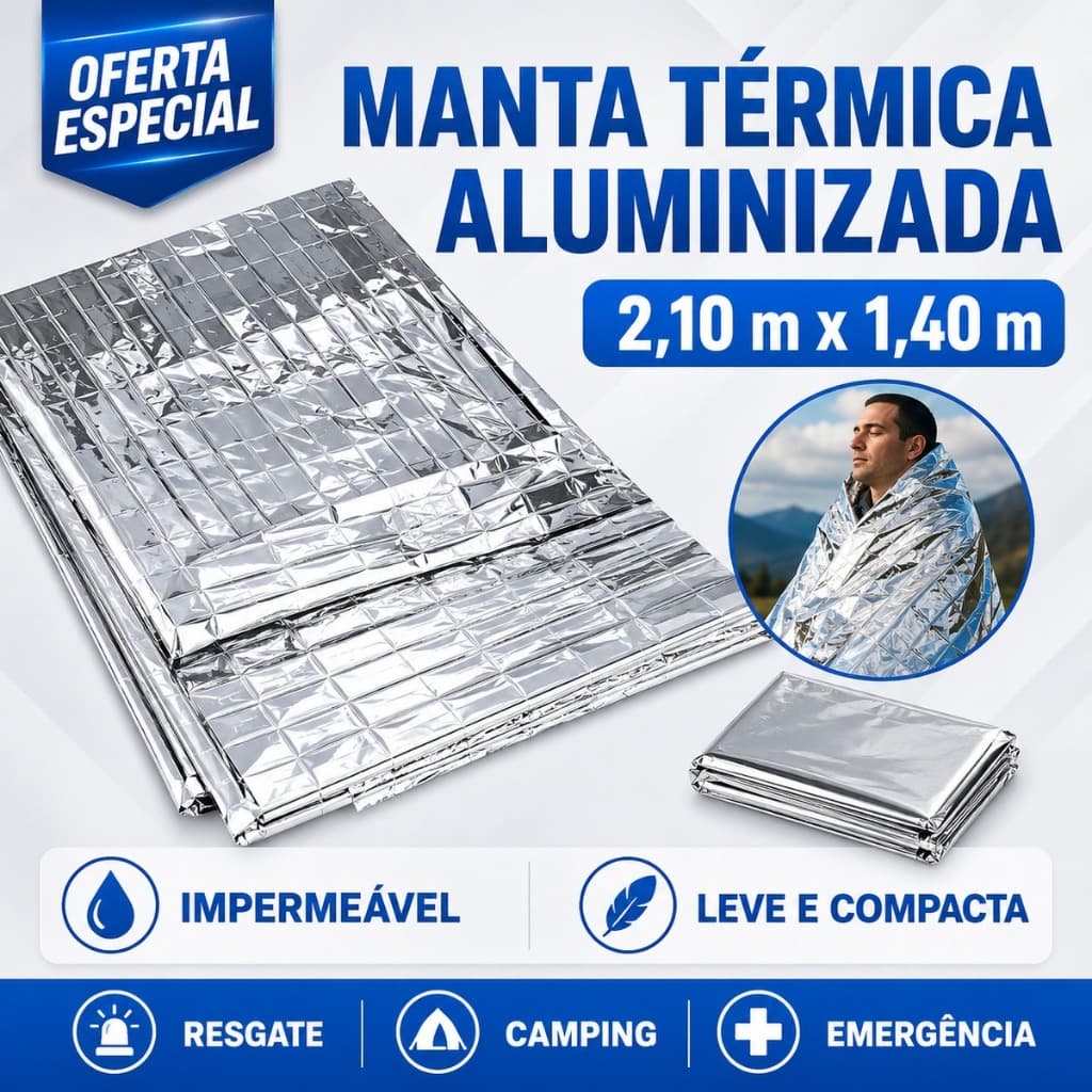 Cobertor Manta Térmica Aluminizada Emergência 2,10x1,40m Resgate Isolamento Camping Impermeavel