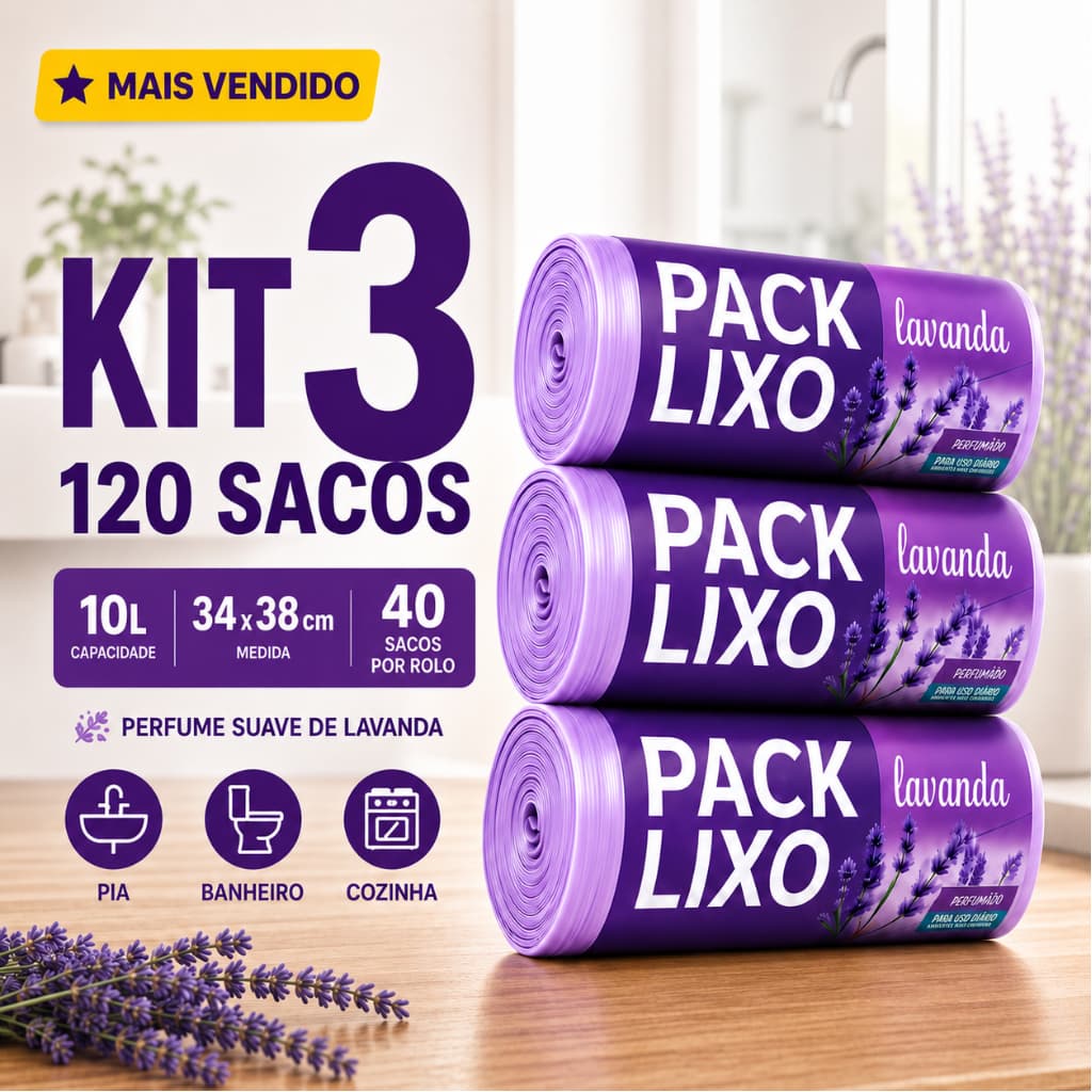 Kit 3 Saco de Lixo Perfumado Lavanda 10L 120 Sacos Banheiro Pia Cozinha Resistente Antiodor