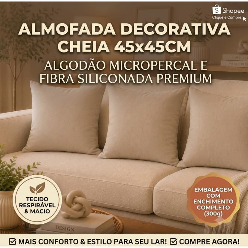 Almofada Decorativa 45x45 Cheia Enchimento Fibra Siliconada Macia Micropercal Sofá Sala Cama