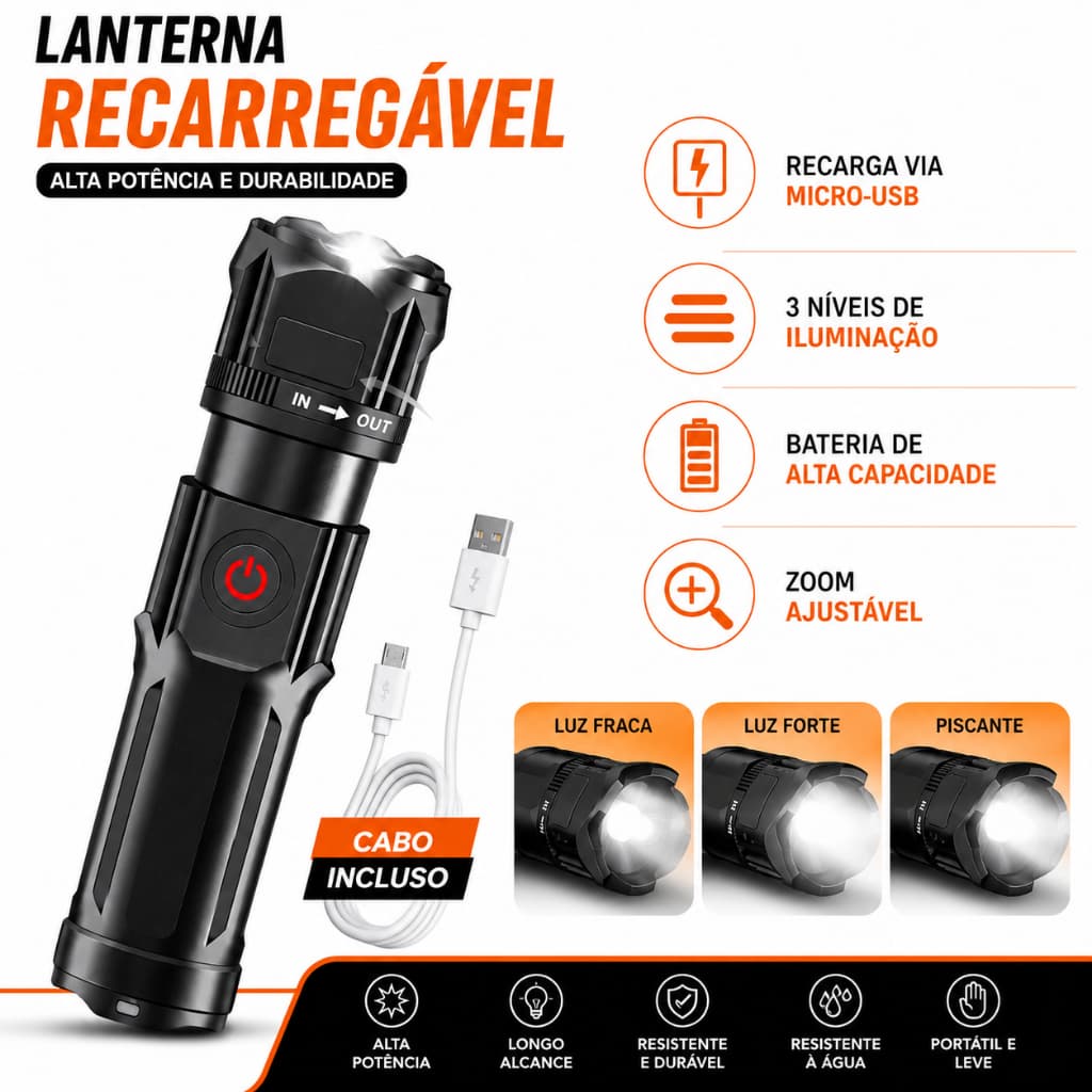 Lanterna Tática LED Zoom Ajustável Recarregável USB