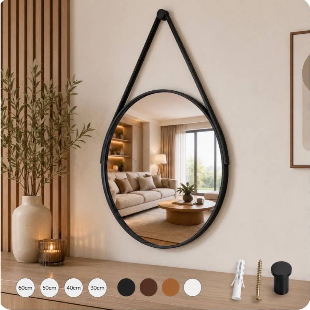 Espelho Redondo Decorativo Adnet 50 cm Alça em Couro com Suporte Para  Sala Quarto Banheiro