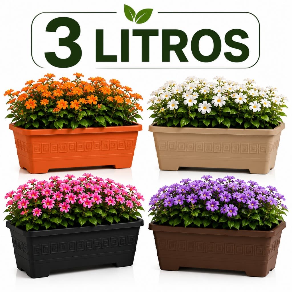 Kit 5 Vasos Floreira Jardineira Retangular 3 Litros Medio Color Plantas Hortas Flores Jardim Casa