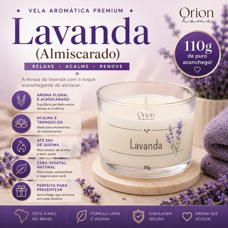 Vela perfumada 110g Premium - Cera de coco - Lavanda
