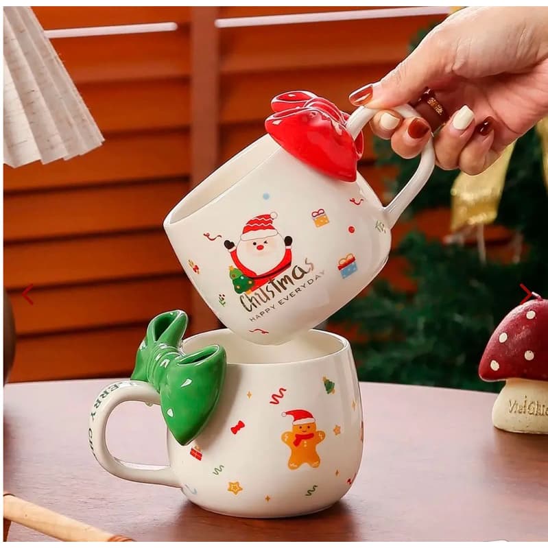 CANECA NATALINA CERÂMICA 400ML LAÇO 3D PAPAI NOEL ÁRVORE DE NATAL