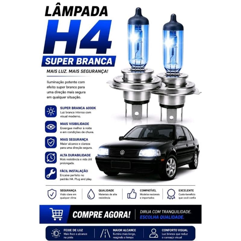 KIT 2 LÂMPADAS H4 SUPER BRANCA 12V 60/55W – MAIS VISIBILIDADE E ESTILO PARA SEU CARRO