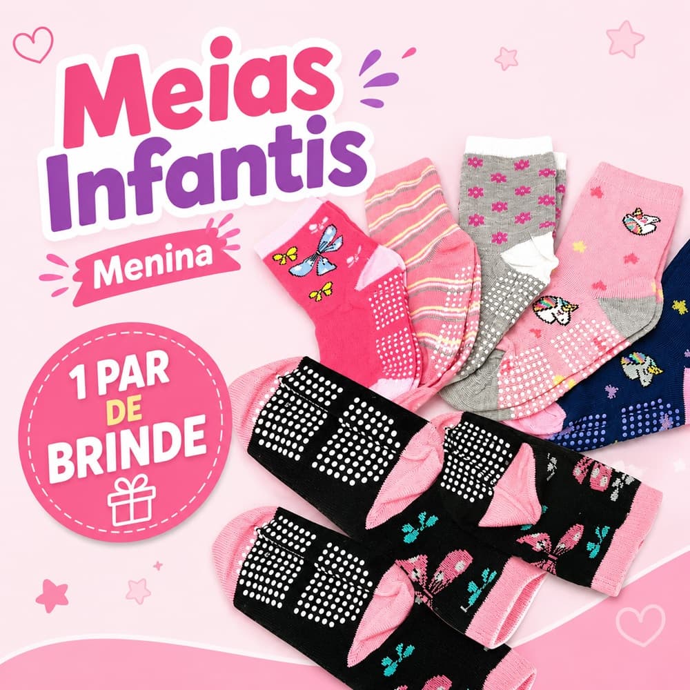 Kit 6 e 12 Pares Meia Infantil Antiderrapante Feminina Menina Criança 0 a 10 anos