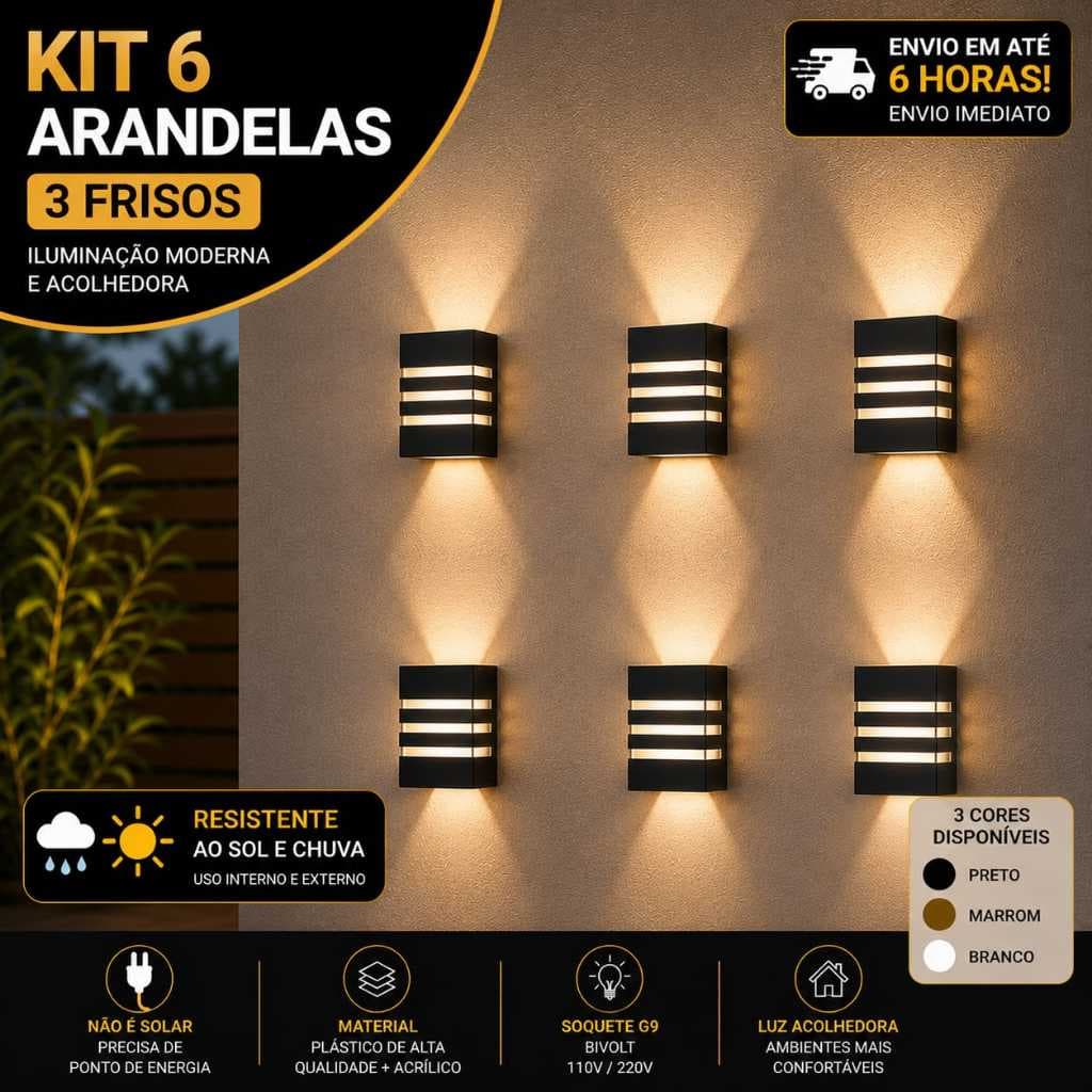 Kit 6 Arandela Luminária De Parede Slim 2 Focos 3 Frisos Uso Interno e Externo Acompanham Lâmpada Led 5w