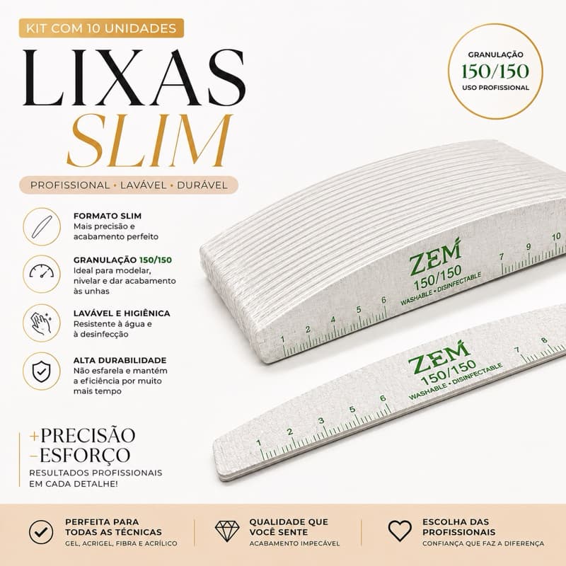 Kit 10 Lixas Slim Zem 150/150 Profissional Alongamento de Unhas Gel Fibra Acrílico