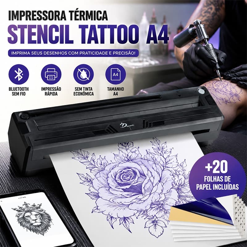 Impressora Térmica Tattoo A4 Bluetooth Stencil Transferência para Tatuagem Portátil + 20 Folhas de Papel
