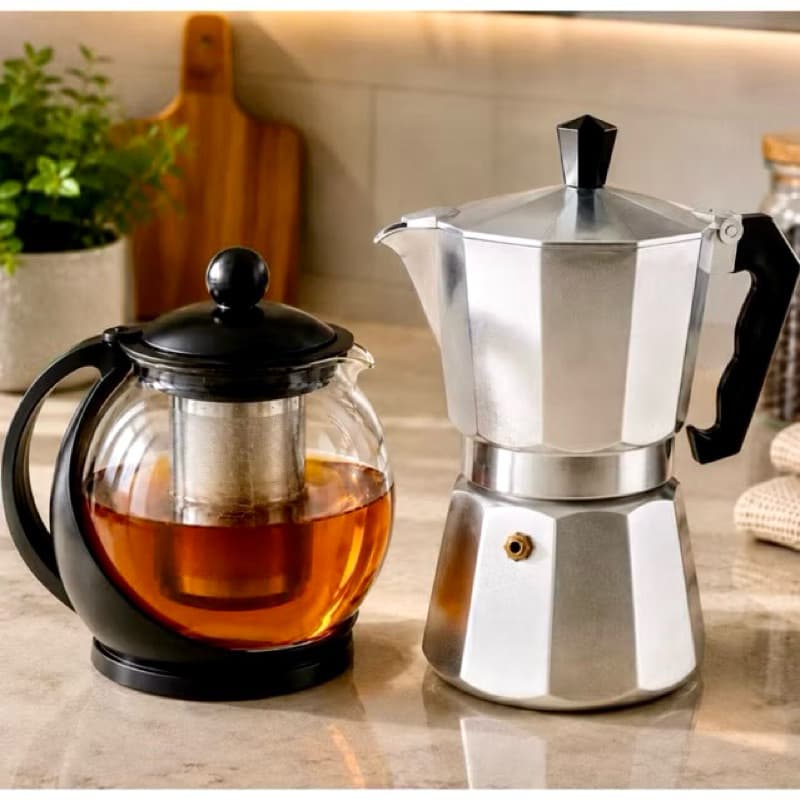 Kit Chá e Café | Cafeteira Italiana + Bule Infusor | Presente Elegante | Café Da Tarde