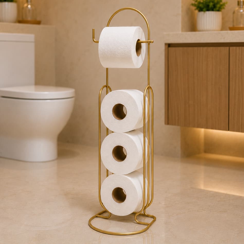 Suporte Porta Papel Higiênico de Chão Banheiro Organização Preto Resistente Dourado Branco Lavabo 4 Rolos Grande